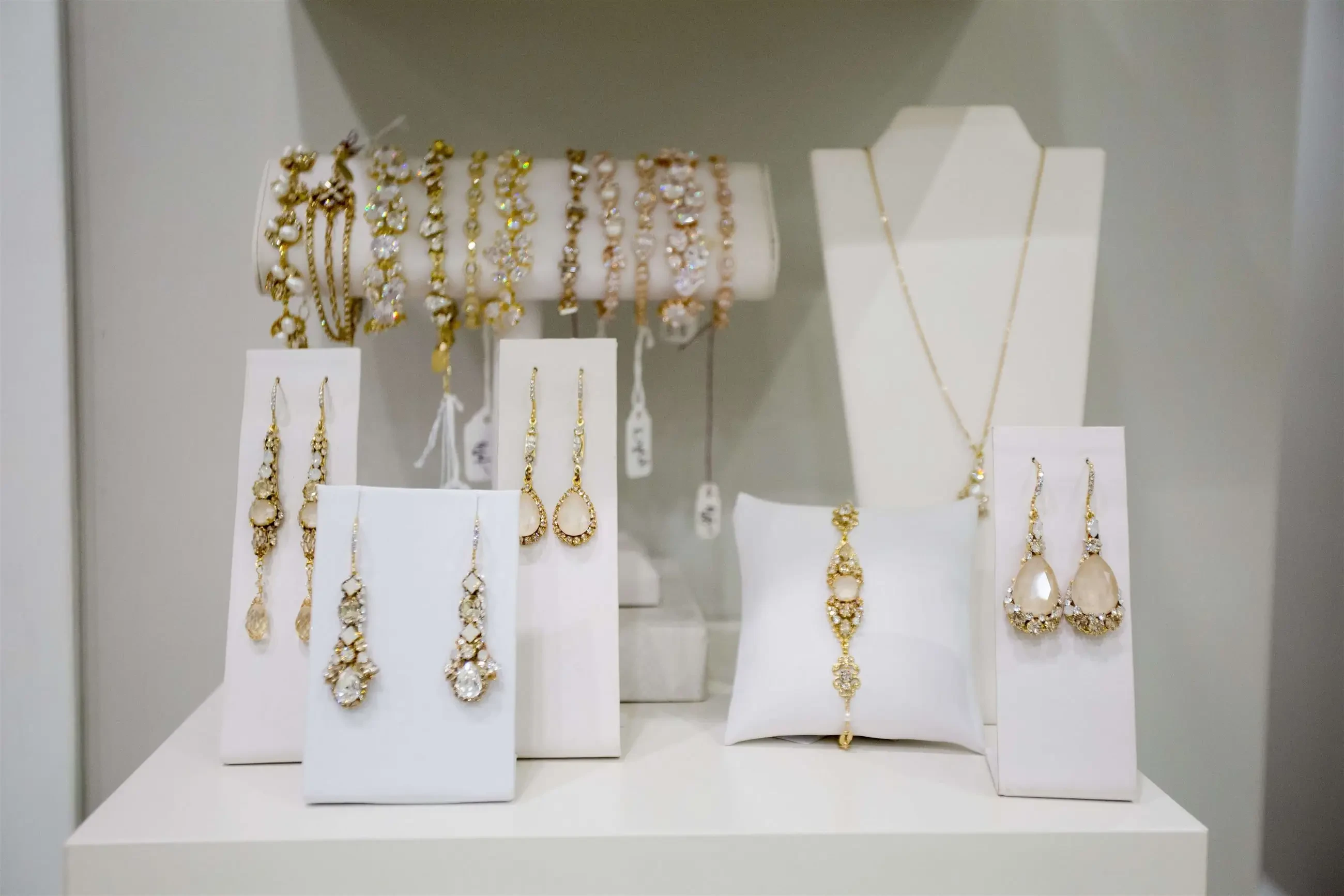 image shows a collection of bridal jewelry at an elegant affair
