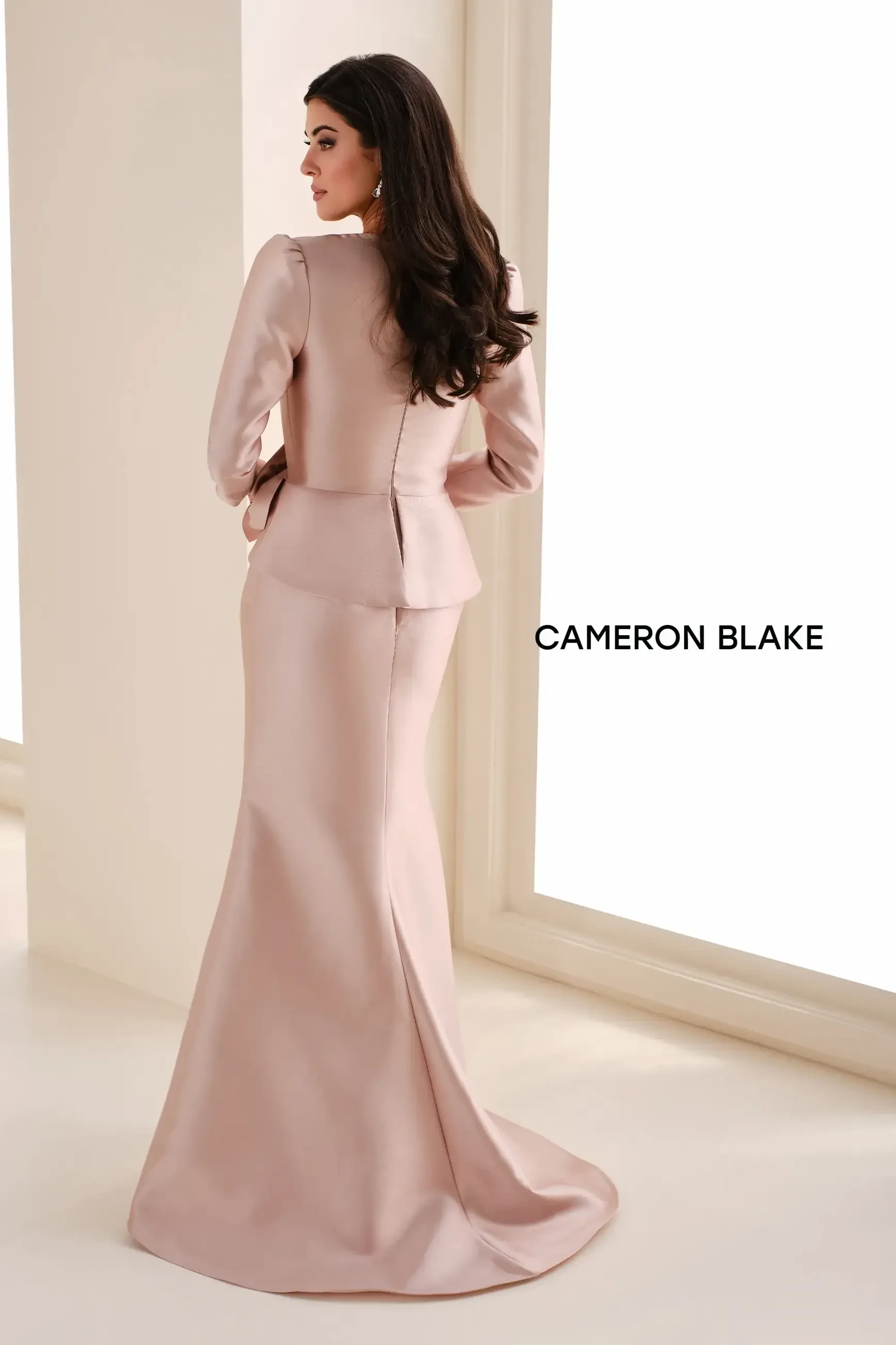 A woman in an elegant blush-colored evening gown, seen from the back, with long sleeves and a fitted silhouette. The dress has minimalistic design elements, and the name 