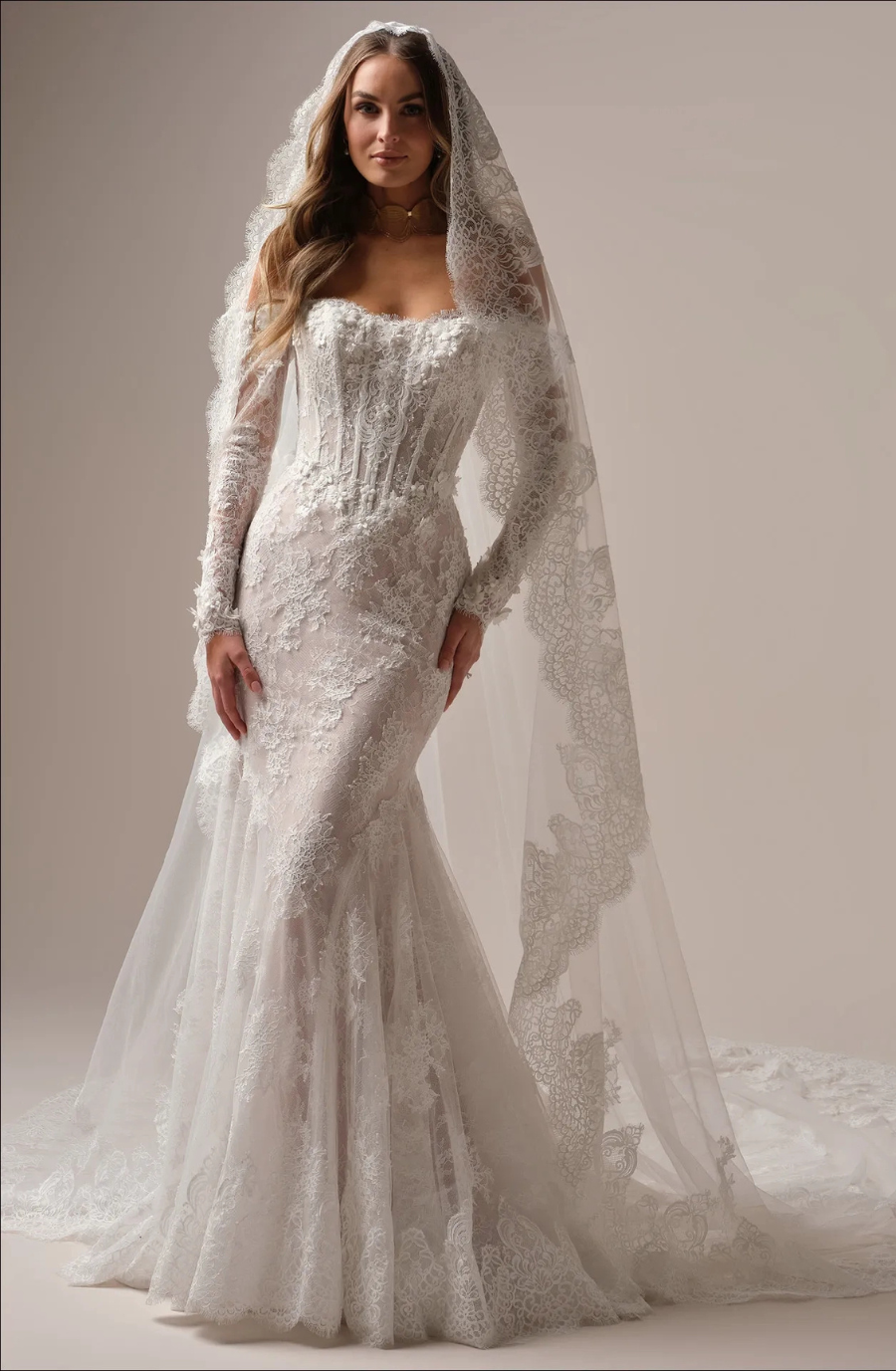 A bride in a fitted lace wedding gown with long sleeves and an intricate lace veil. The dress exudes elegance and classic beauty, with a serene tone.